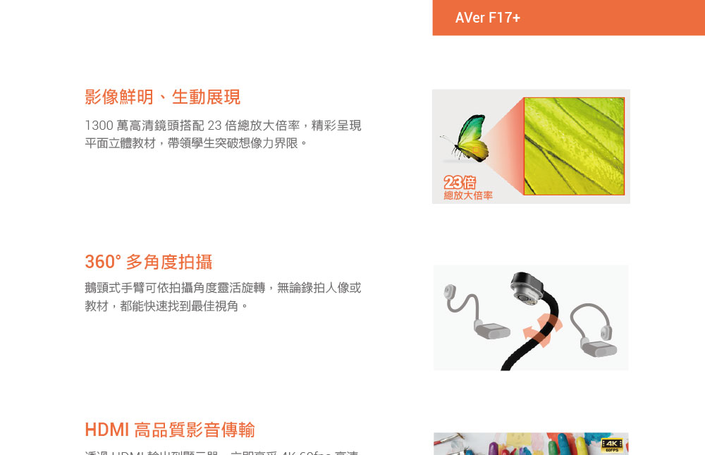 AVer F17+實物投影機1300萬畫素,U52500026,AVerF17+實物投影機1300萬畫素,原廠保固,大量採購歡迎洽詢,品質保證