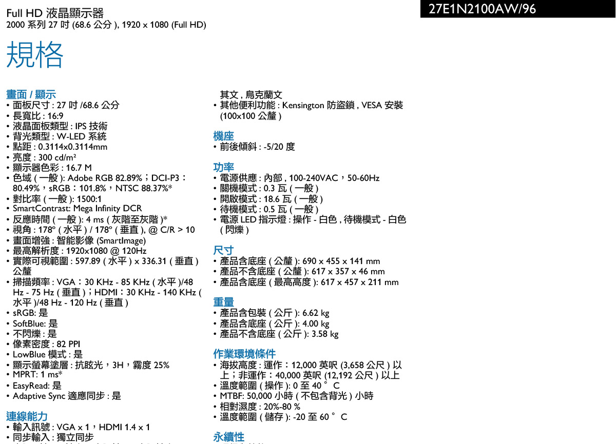 PHILIPS 27E1N2100AW 27" 液晶顯示器