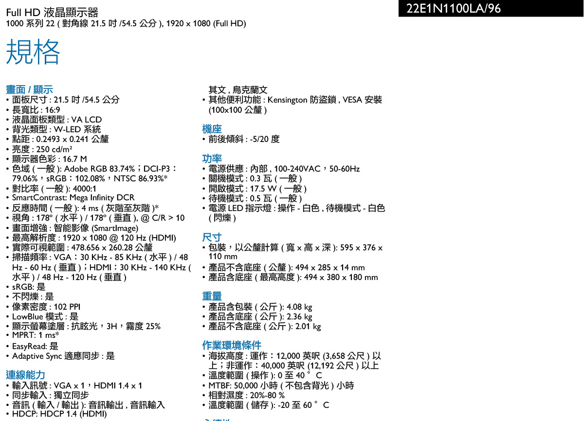 PHILIPS 22E1N1100LA 21.5" 液晶顯示器