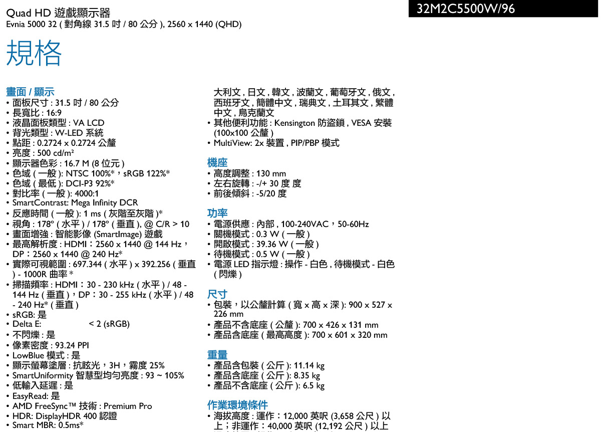 PHILIPS 32M2C5500W遊戲顯示器
