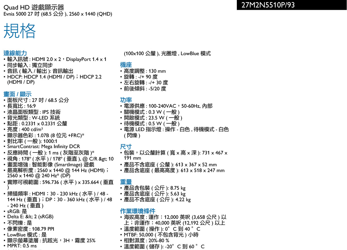 PHILIPS 27M2N5511P遊戲顯示器
