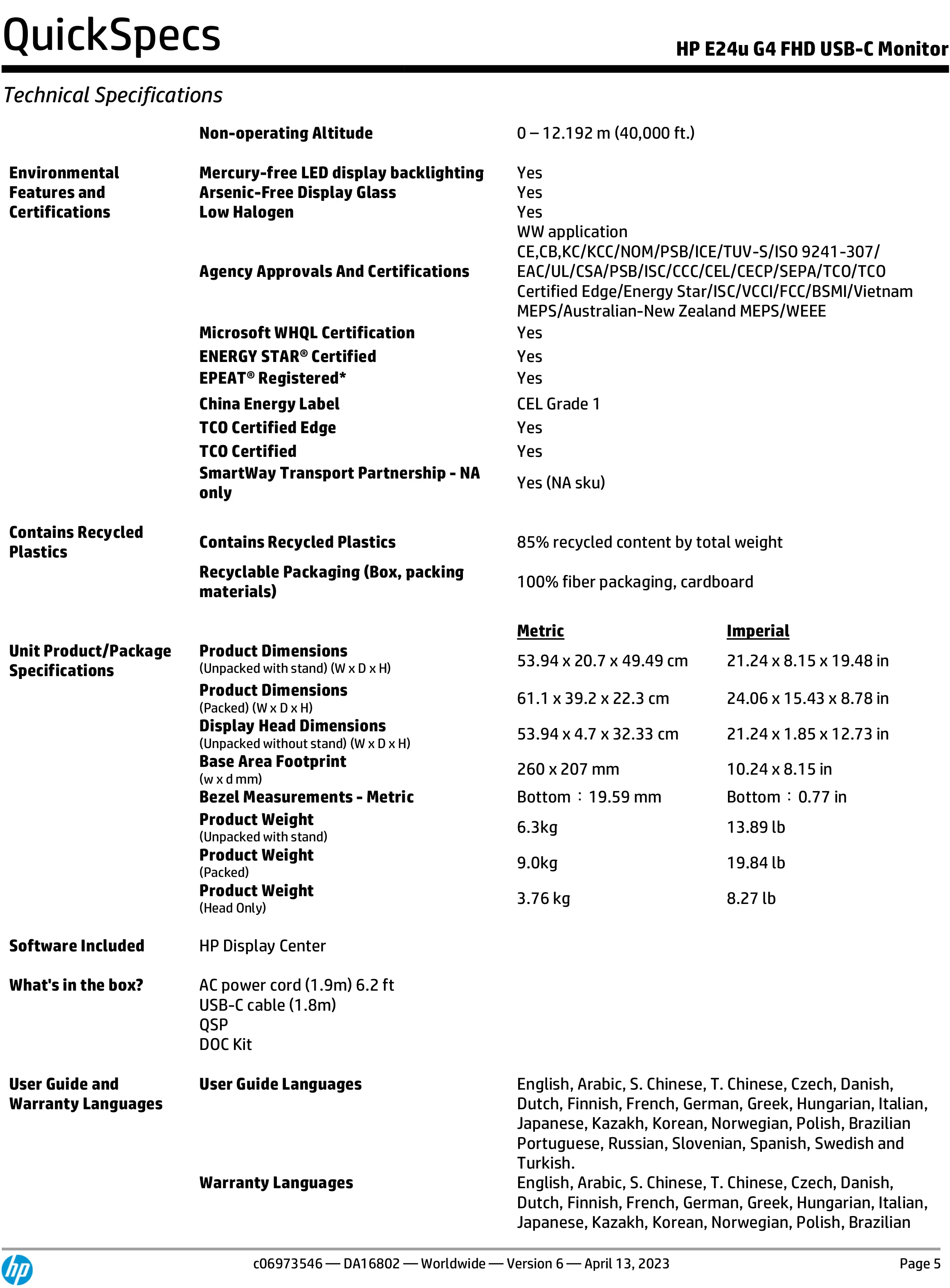 HP 惠普 E24u G4 FHD USB-C 顯示器 (189T0AA)