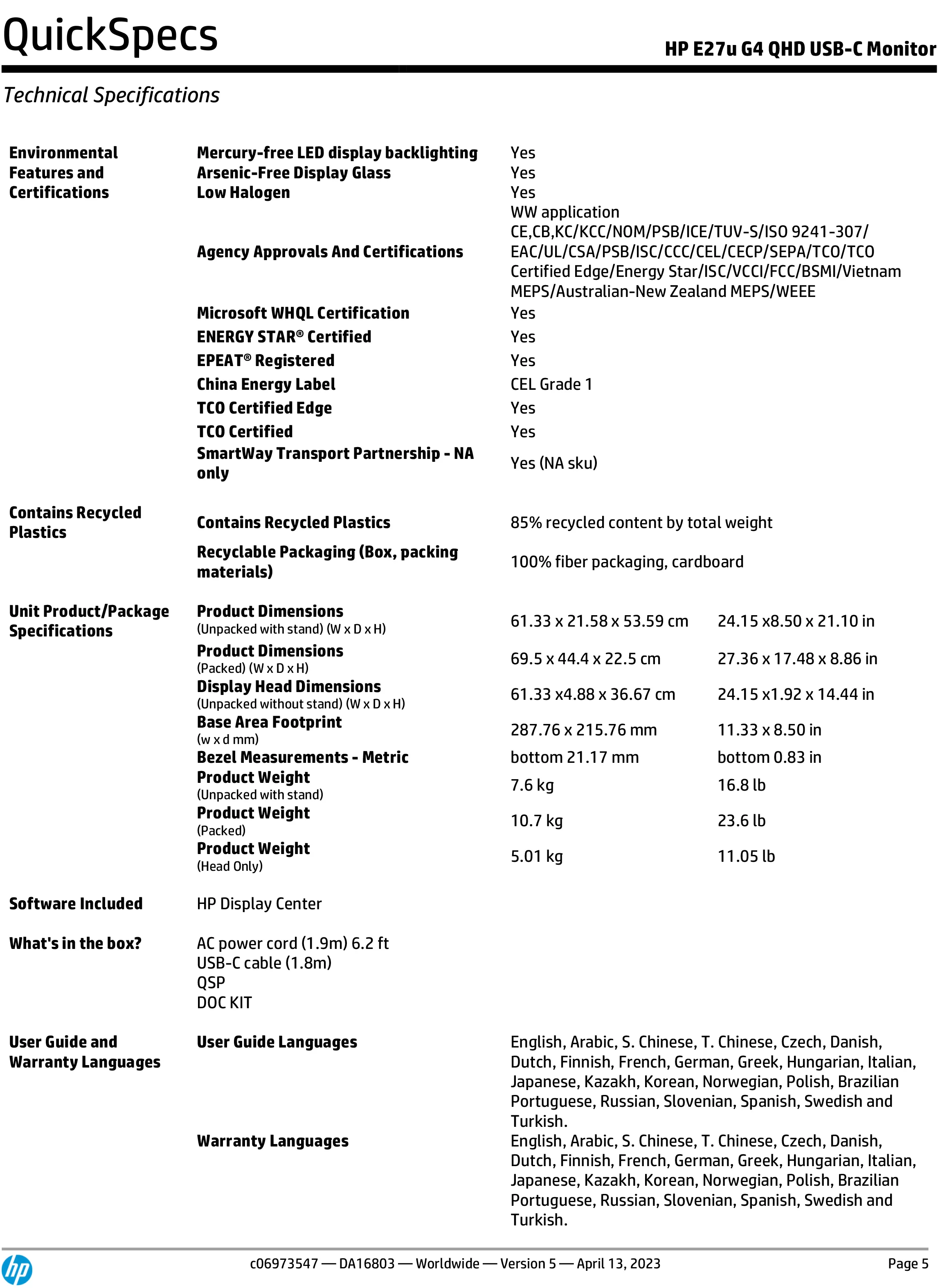 HP 惠普 E27u G4 QHD USB-C 顯示器 (189T3AA)