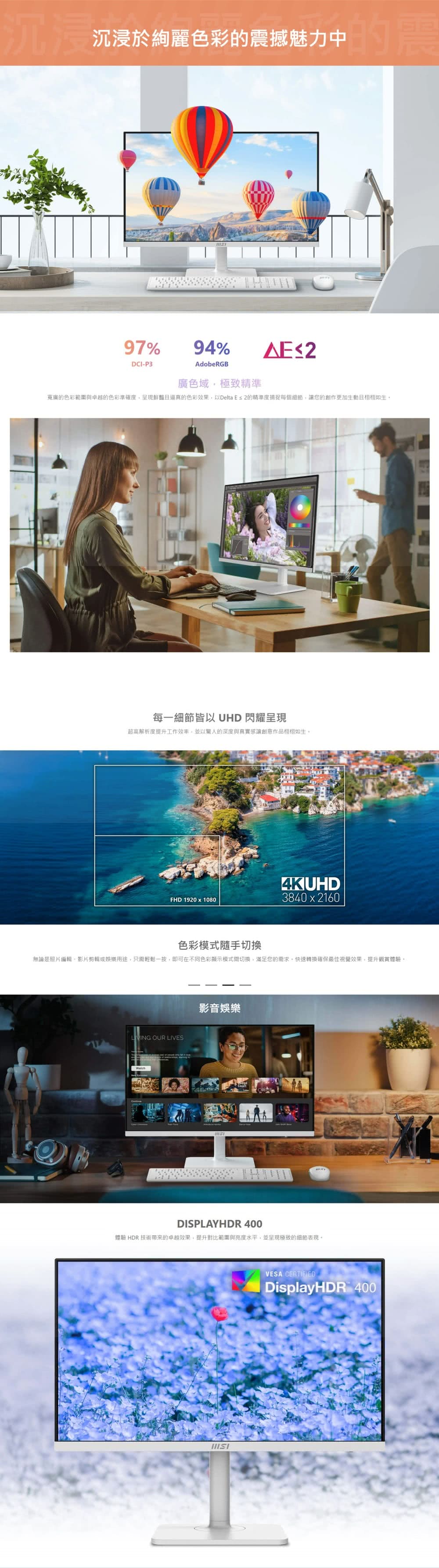MSI 微星 Modern 4K UHD 60Hz 可動美型護眼螢幕 MD272UPHW