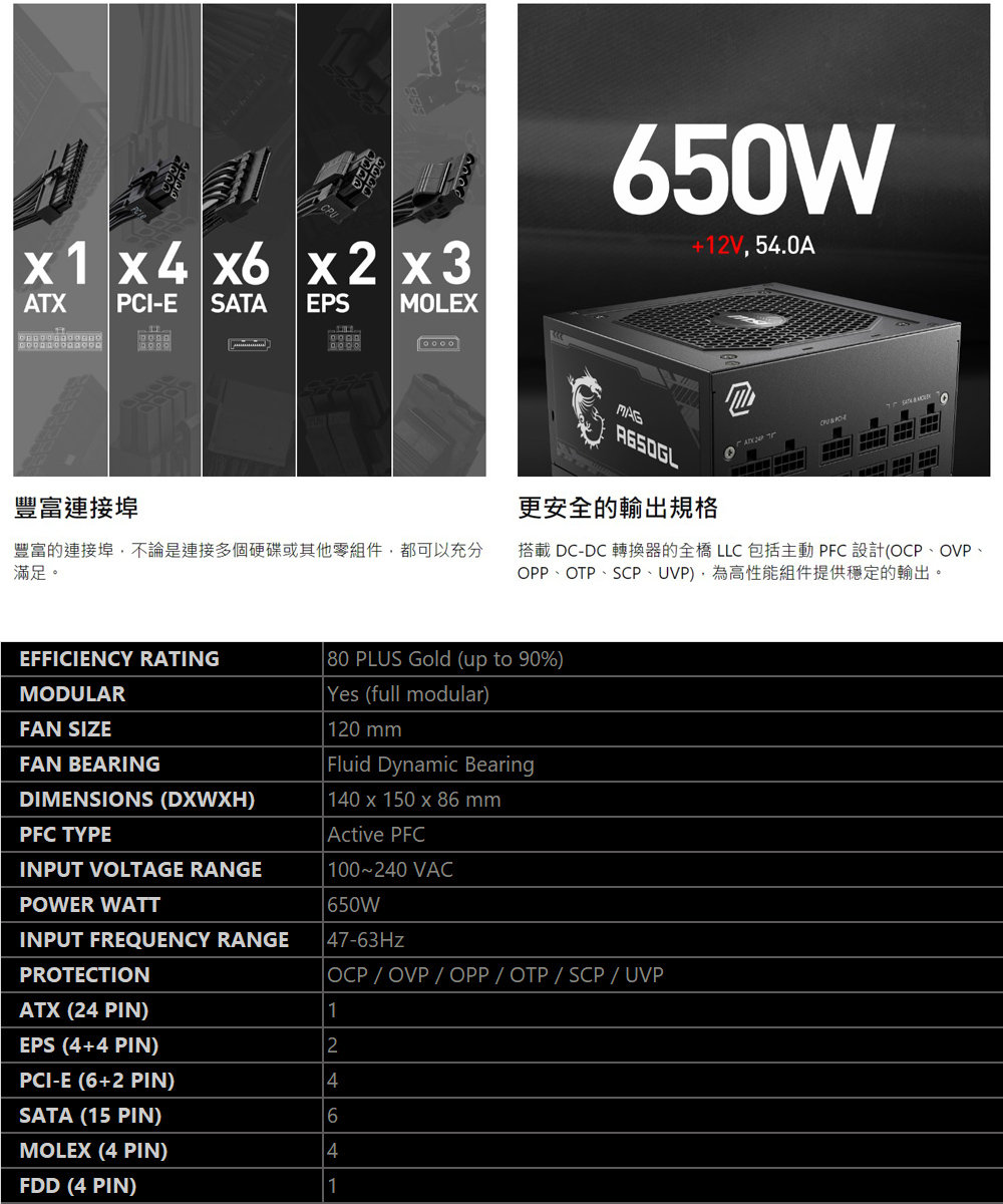 MSI 微星MAG A650GL 電源供應器 (金牌) 650W
