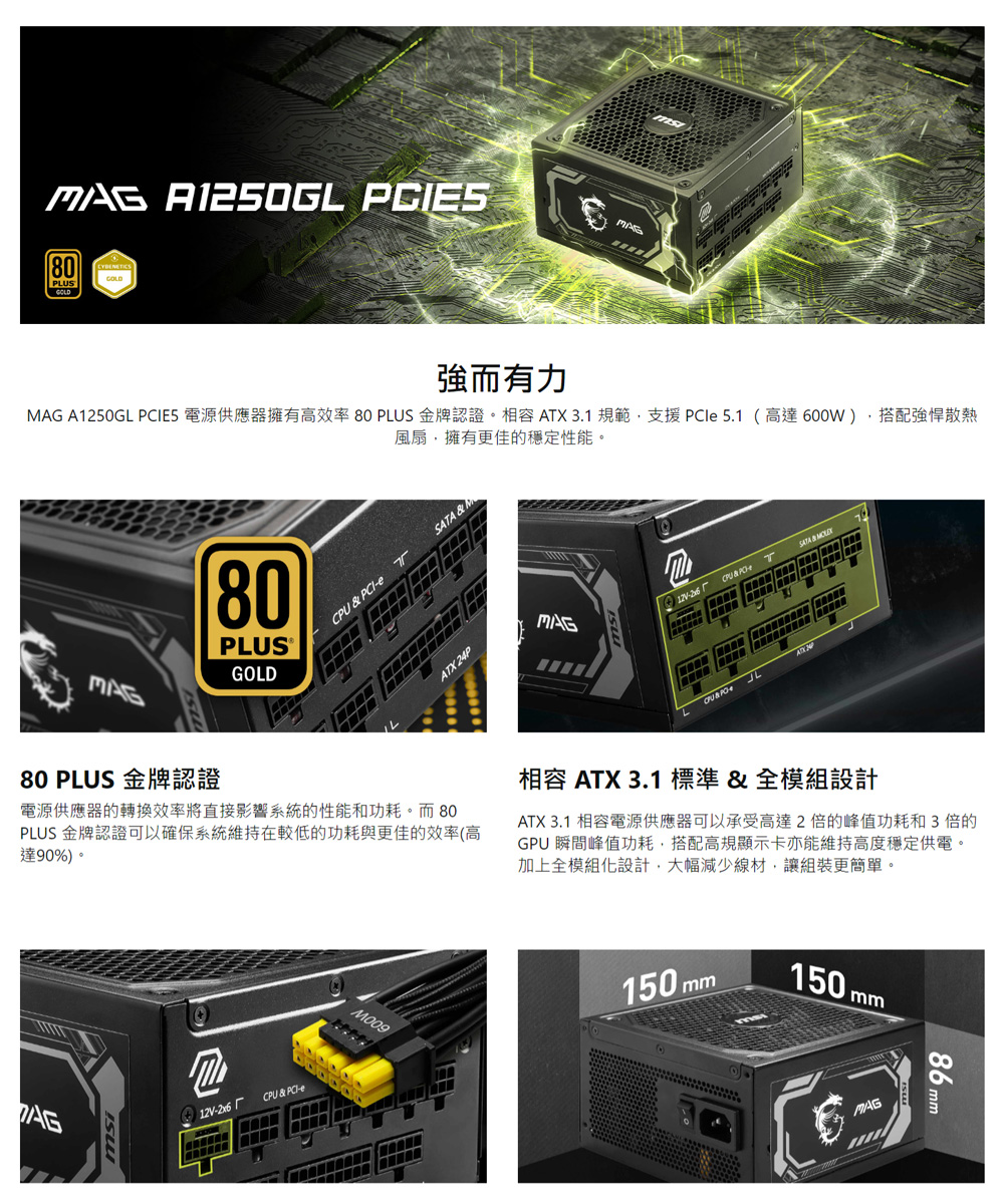 MSI 微星 MAG A1250GL PCIE5 金牌  電源供應器