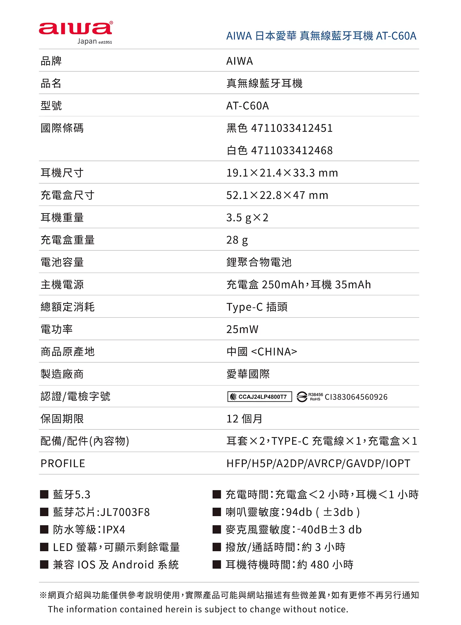 Aiwa 愛華 真無線藍牙耳機 AT-C60A 白色