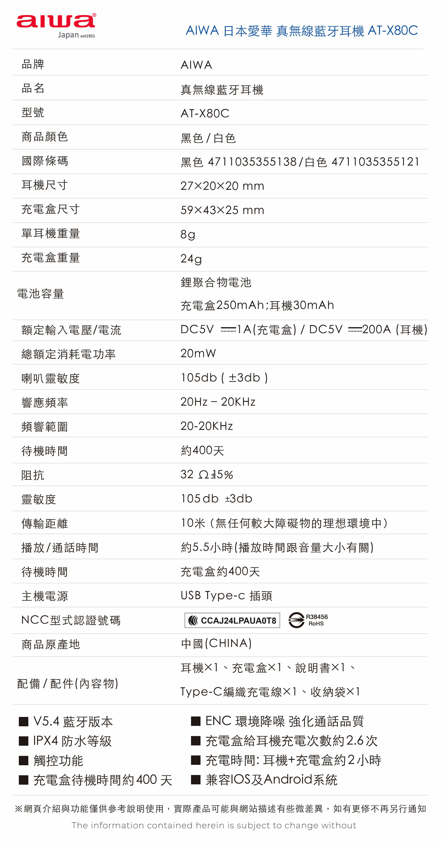 Aiwa 愛華 真無線藍牙耳機 AT-X80C 白色