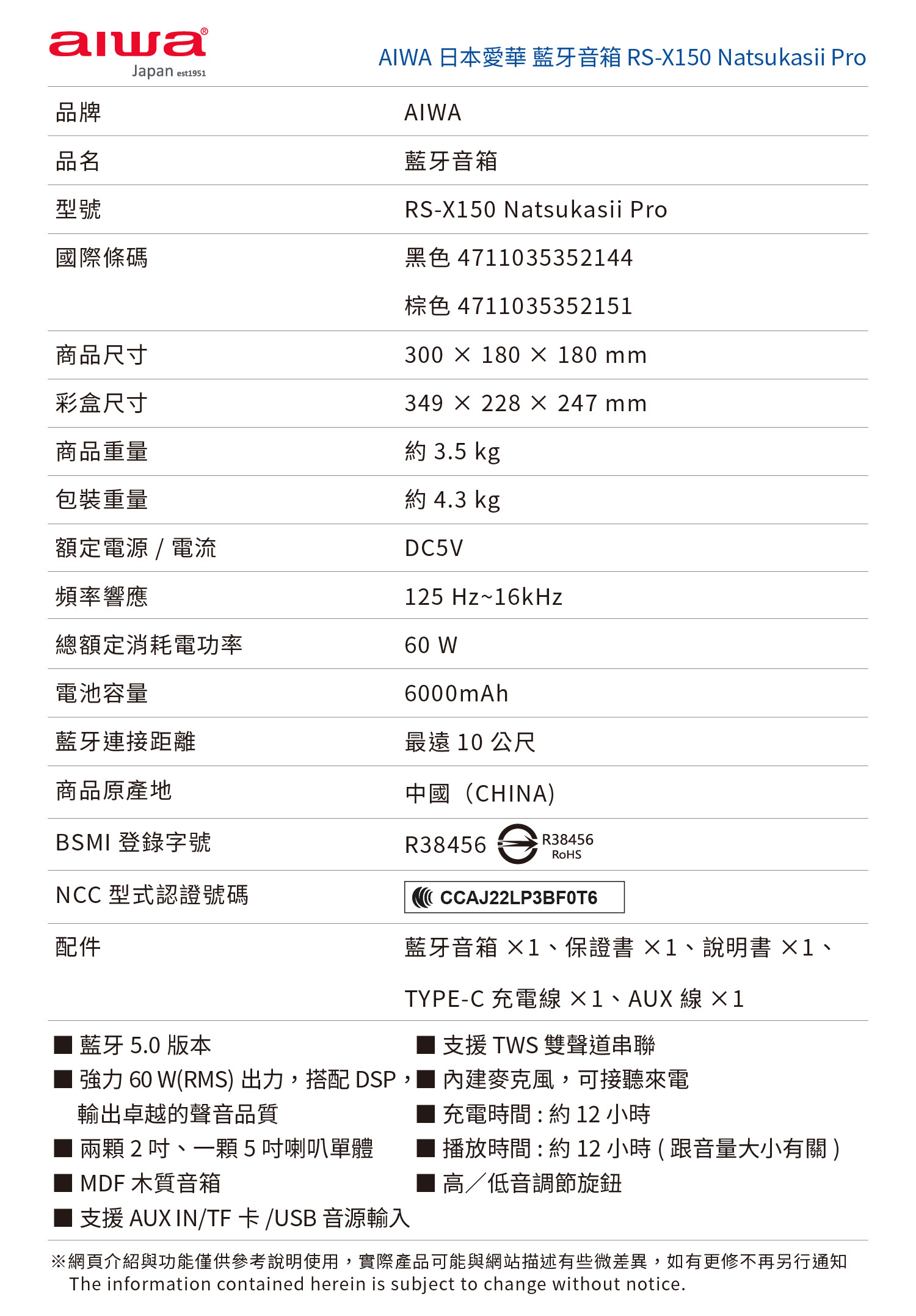 Aiwa 愛華 藍牙喇叭 RS-X150 Natsukasii Pro