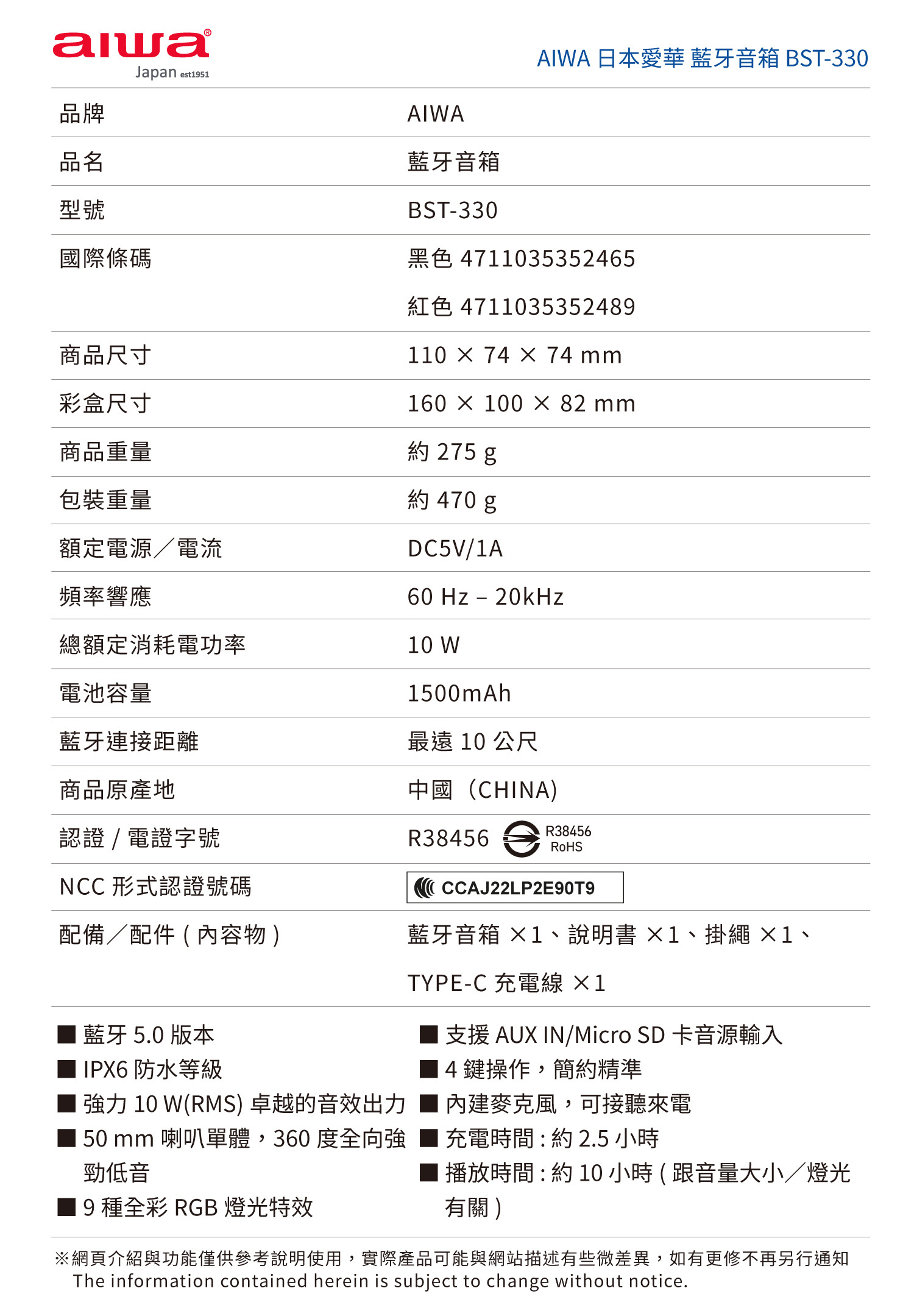 Aiwa 愛華 便攜式藍牙喇叭 BST-330