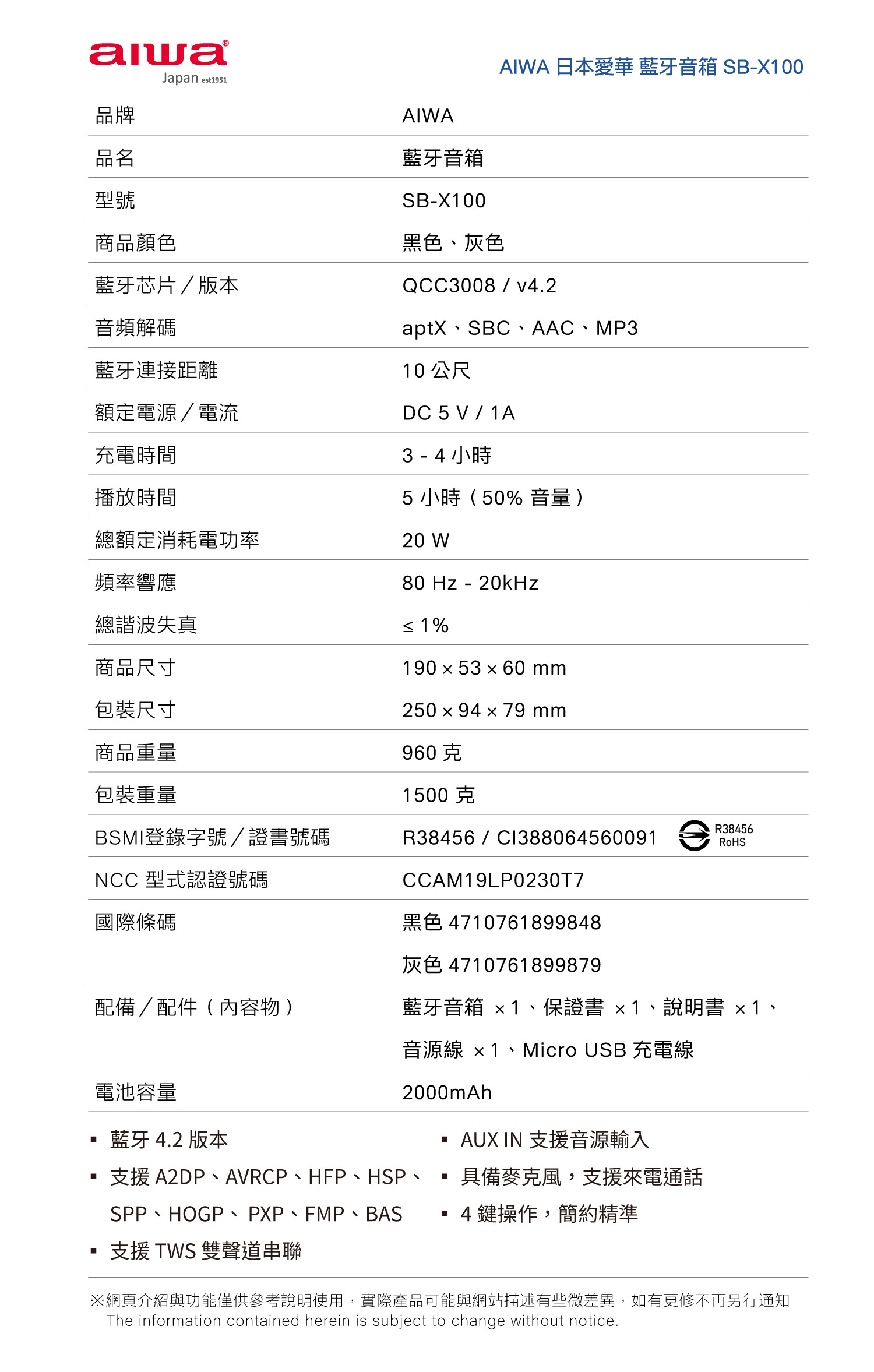 Aiwa 愛華 便攜式藍牙喇叭 SB-X100