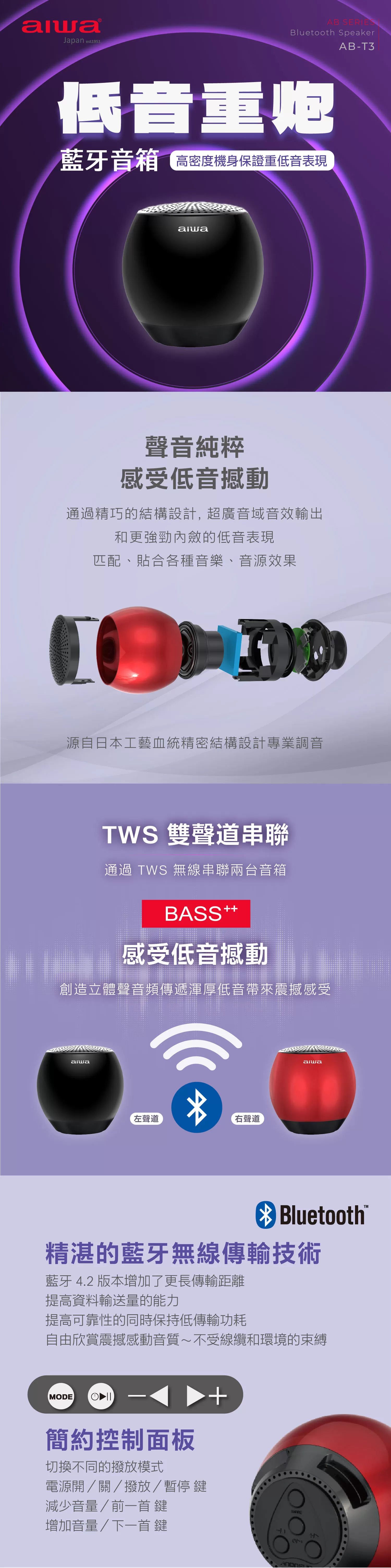 Aiwa 愛華 輕巧便攜藍牙喇叭 AB-T3