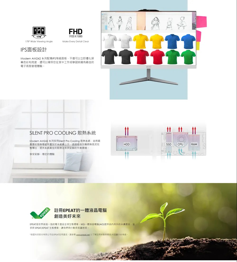 MSI 微星 Modern AM242 1M-1078TW 白色 AIO 電腦｜U300 等級／8G／512G SSD／Win11 Home／23.8″ FHD