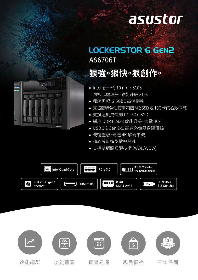 ASUSTOR 華芸 AS6706T 6Bay NAS 網路儲存伺服器,U52330007,ASUSTOR華芸AS6706T6BayNAS網路儲存伺服器,原廠保固,大量採購歡迎洽詢,品質保證