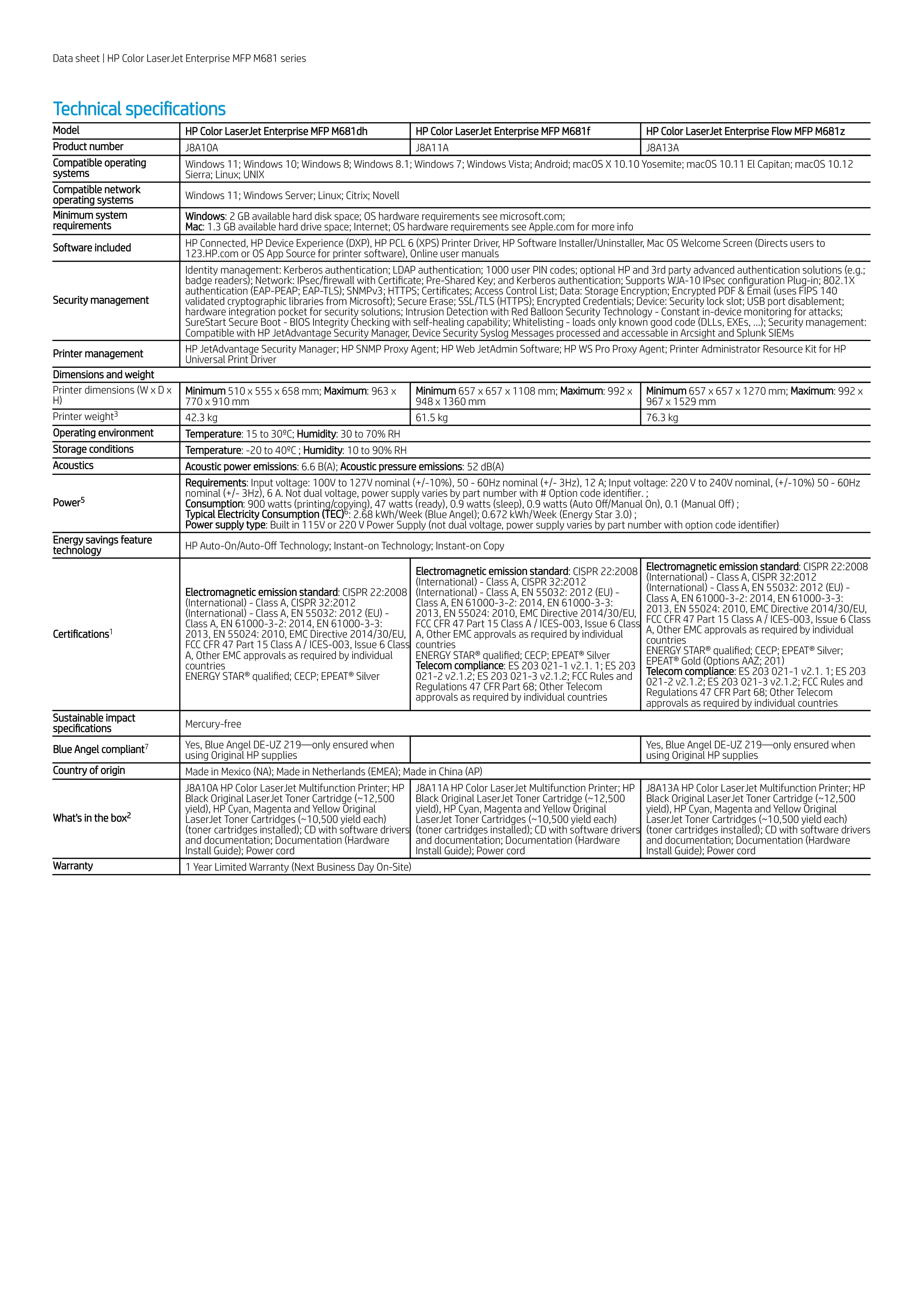 HP 惠普 Color LaserJet Enterprise M681dh 雙面列印彩色雷射多功能事務機 (J8A10A)