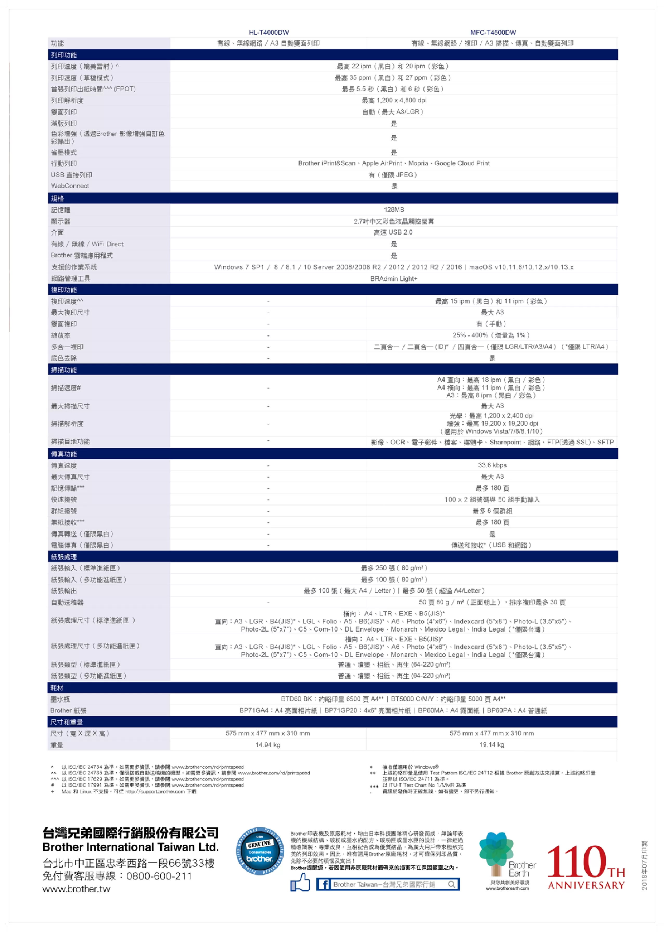 Brother 兄弟 MFC-T4500DW A3多功能複合機