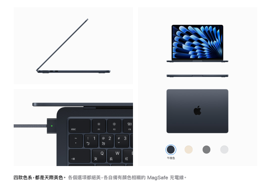 Apple 13 吋 午夜色 MacBook Air M2晶片 8 核心 CPU 8 核心 GPU 16GB 統一記憶體 256GB SSD 儲存裝置