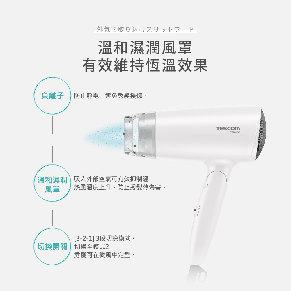TESCOM 輕量型負離子吹風機 TD200TW 超輕量410g 千萬負離子