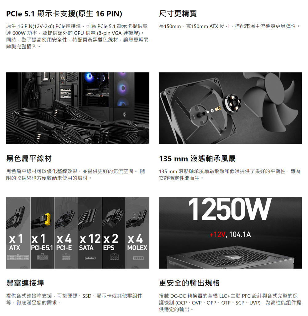 MSI 微星 MAG A1250GL PCIE5 金牌  電源供應器