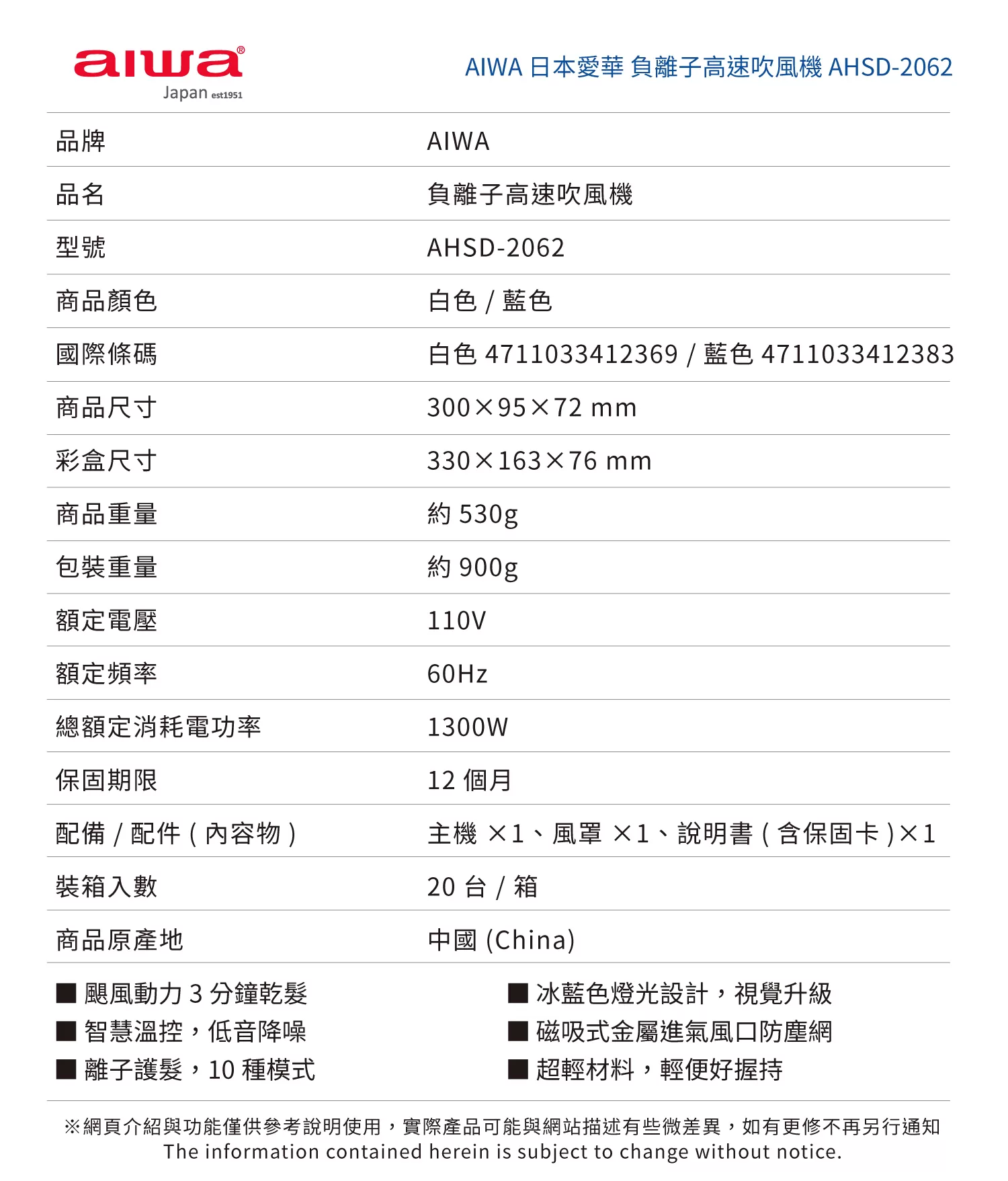 Aiwa 愛華 負離子高速吹風機 AHSD-2062 水藍/純白