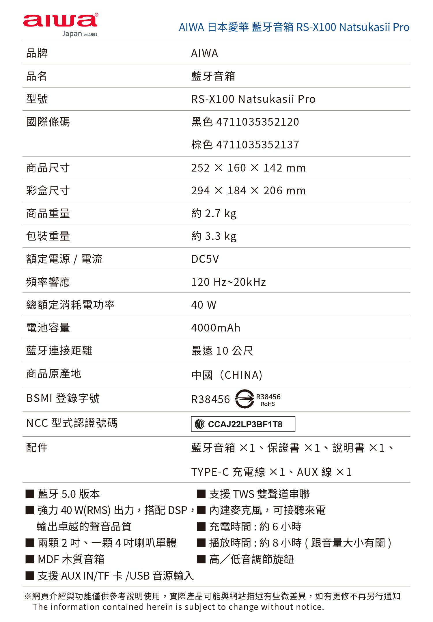 Aiwa 愛華 藍牙喇叭 RS-X100 Natsukasii Pro