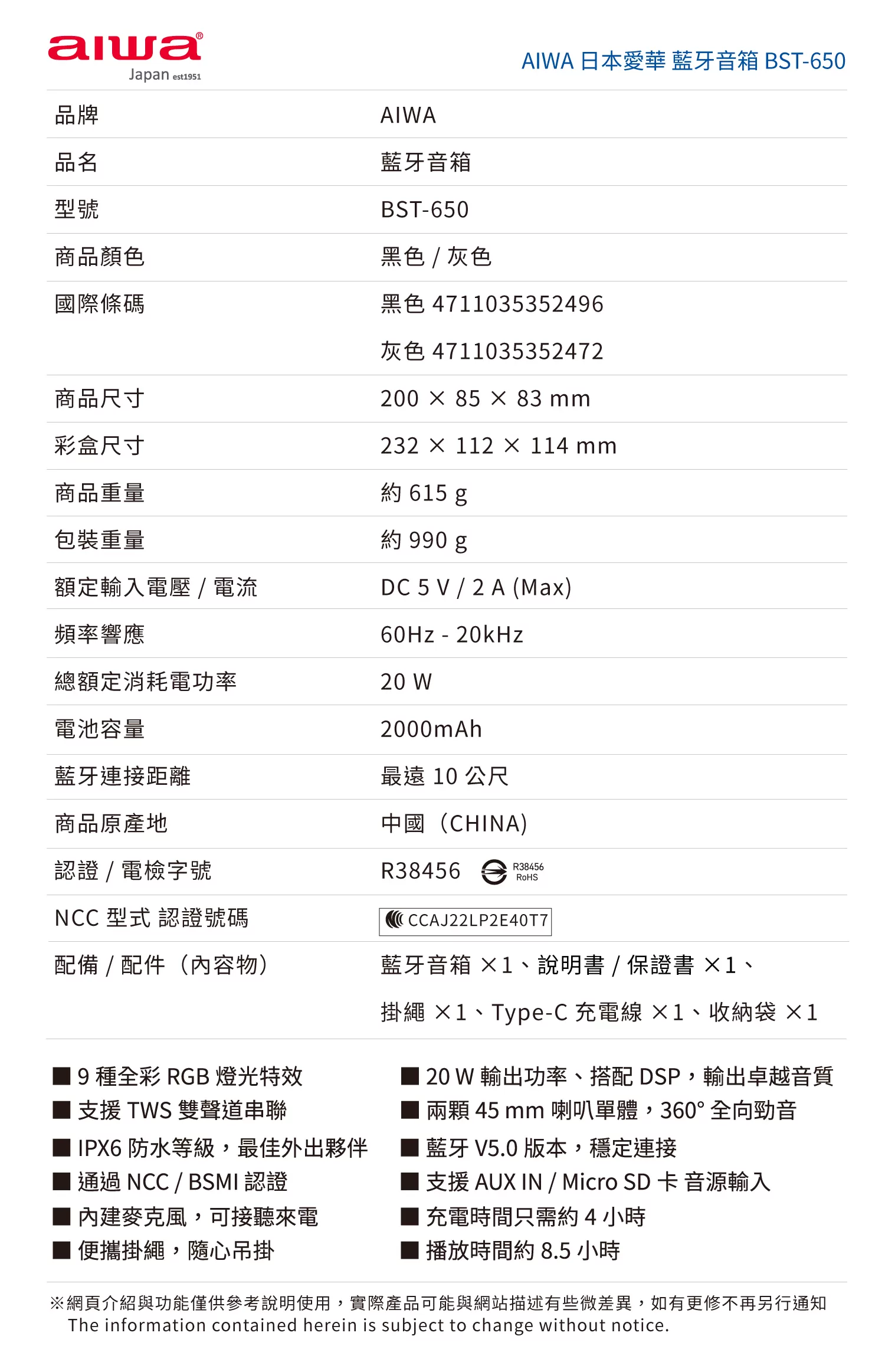 Aiwa 愛華 便攜式藍牙喇叭 BST-650