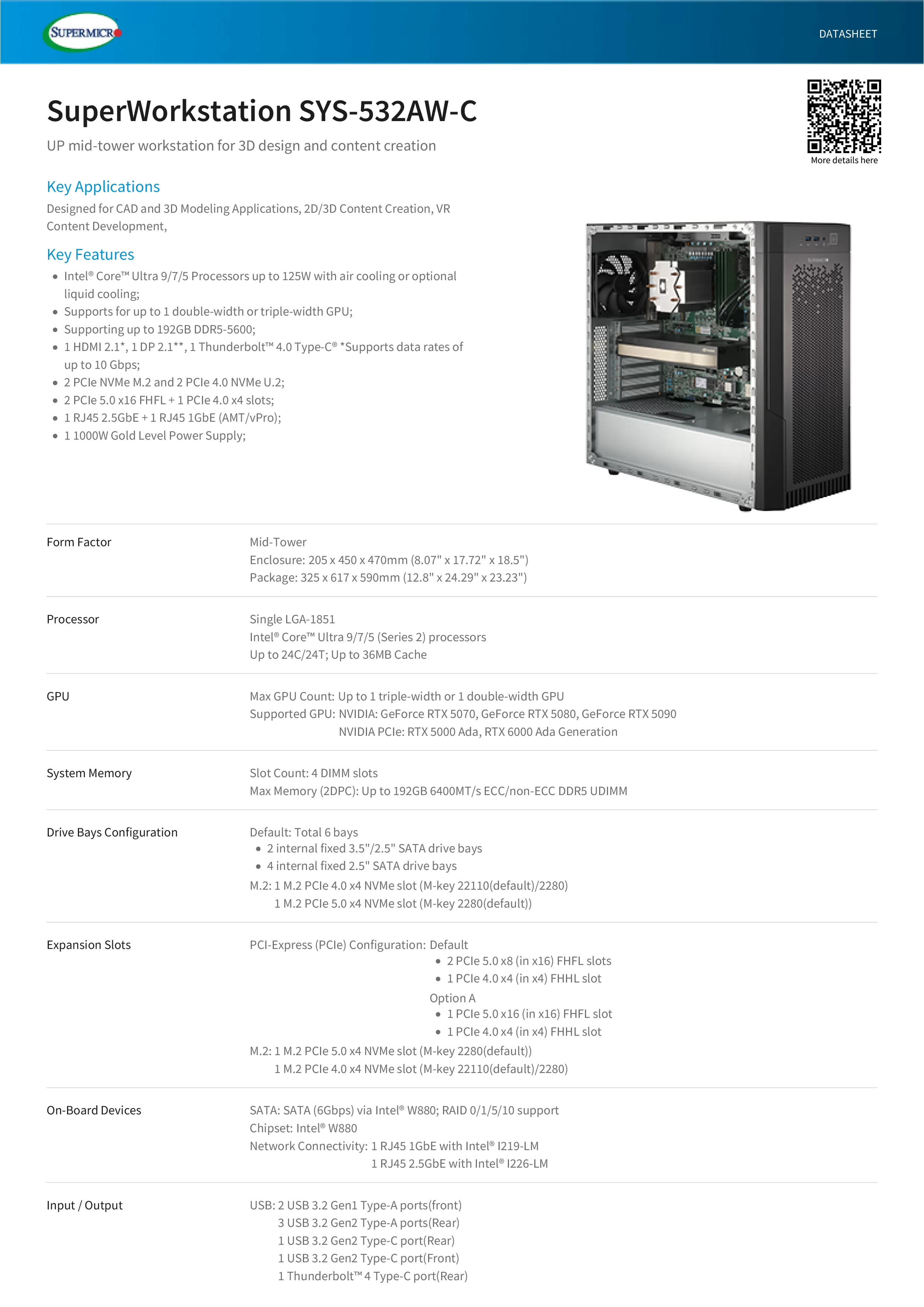 Supermicro 美超微 SYS-532AW-C Intel Ultra Core 9/7/5 超級AI工作站