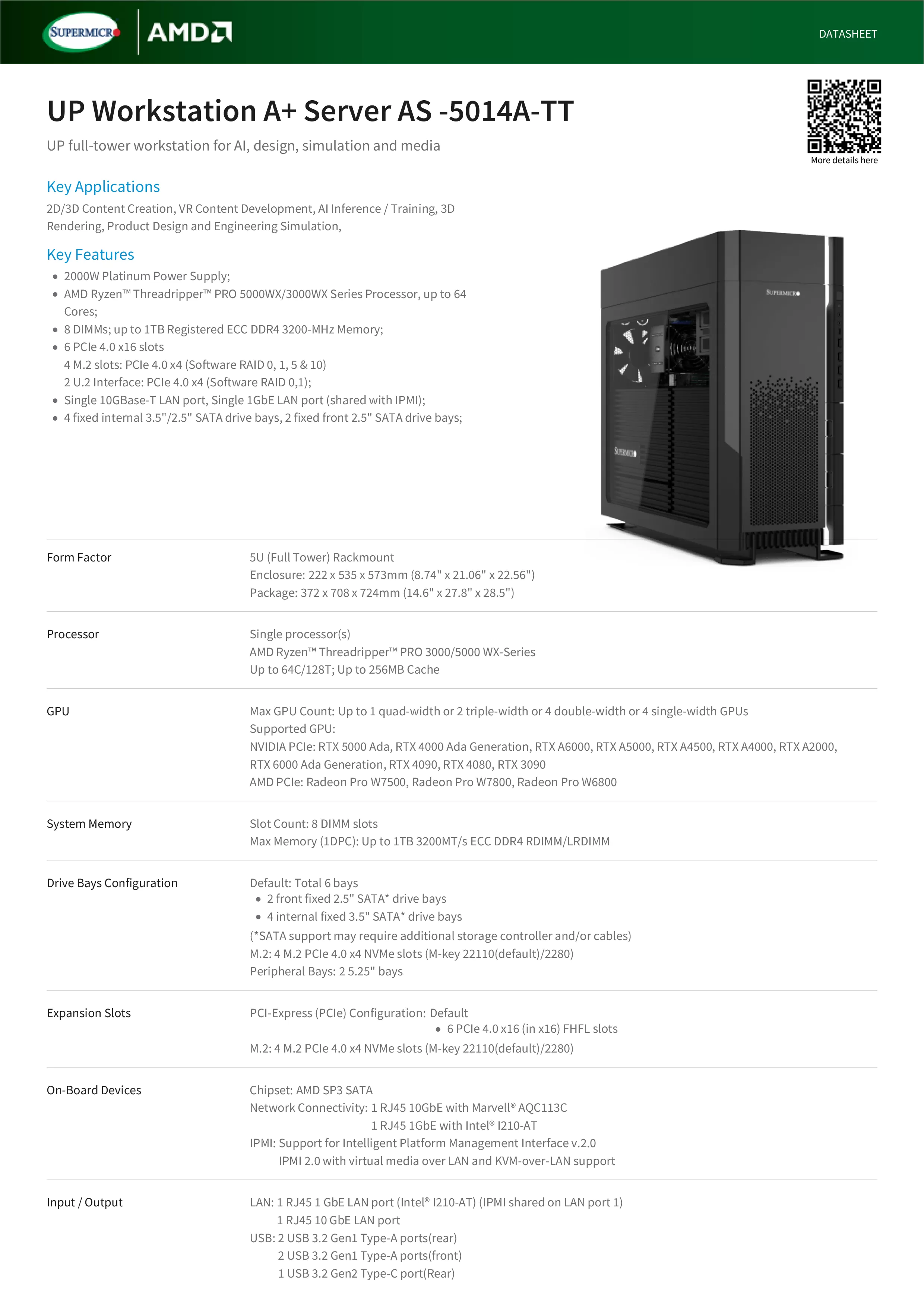 Supermicro 美超微 AS-5014A-TT A+級 AMD AI訓練工作站