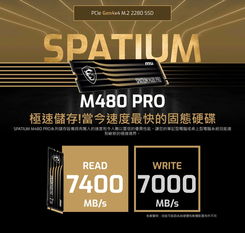 MSI 微星 SPATIUM M480 Pro PCIe 4.0 NVMe M.2 4TB 固態硬碟 SSD