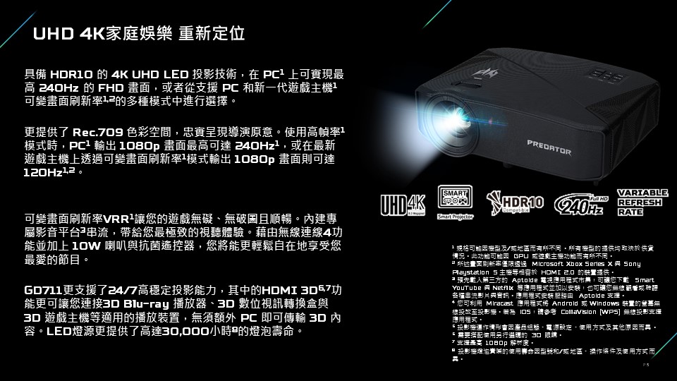 ACER GD711 4K UHD 投影機 1450ANSI ( MR.JUW11.00L ),U52450018,ACERGD7114KUHD投影機1450ANSI(MR.JUW11.00L),原廠保固,大量採購歡迎洽詢,品質保證