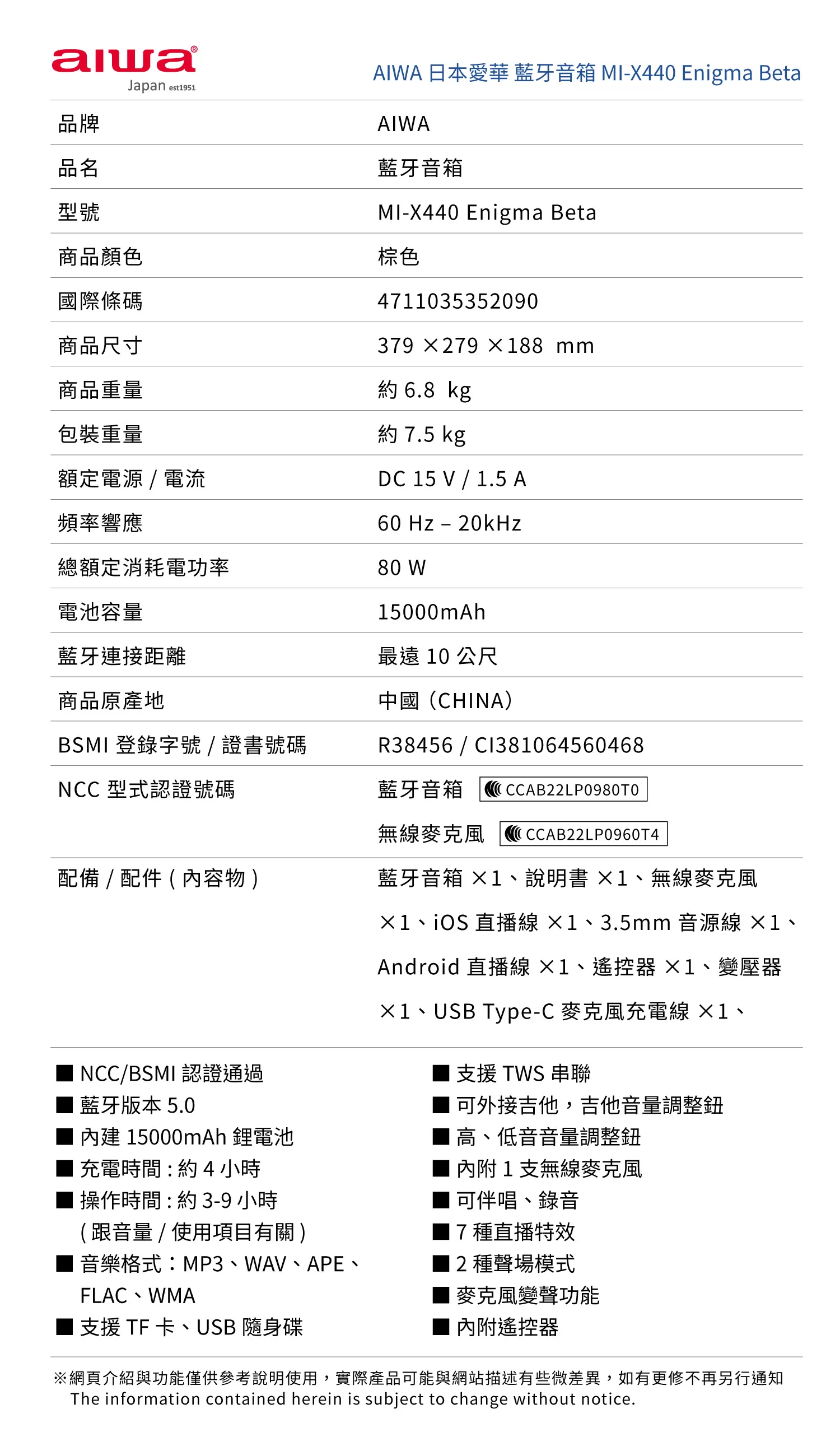 Aiwa 愛華 藍牙喇叭 MI-X440 Enigma Beta
