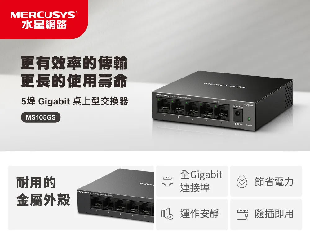 Mercusys 水星 MS105GS 5 埠 Gigabit 桌上型交換器