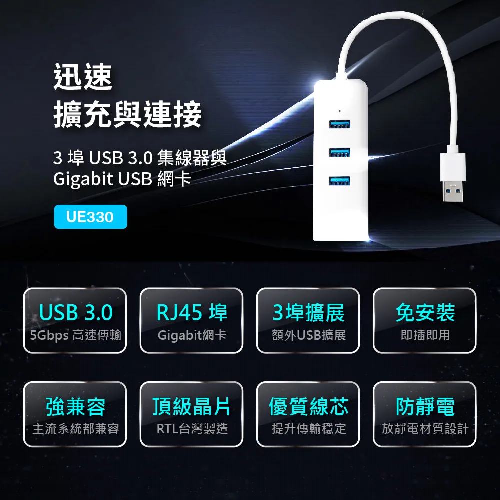 TP-Link UE330 3 埠 USB 3.0 集線器與 Gigabit USB 網卡