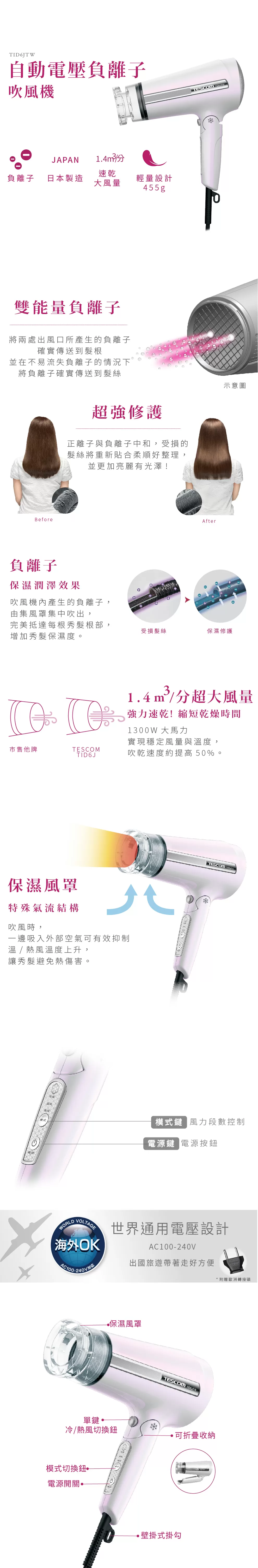 TESCOM 自動電壓負離子吹風機 TID6JTW 國際電壓100V-240V自動切換