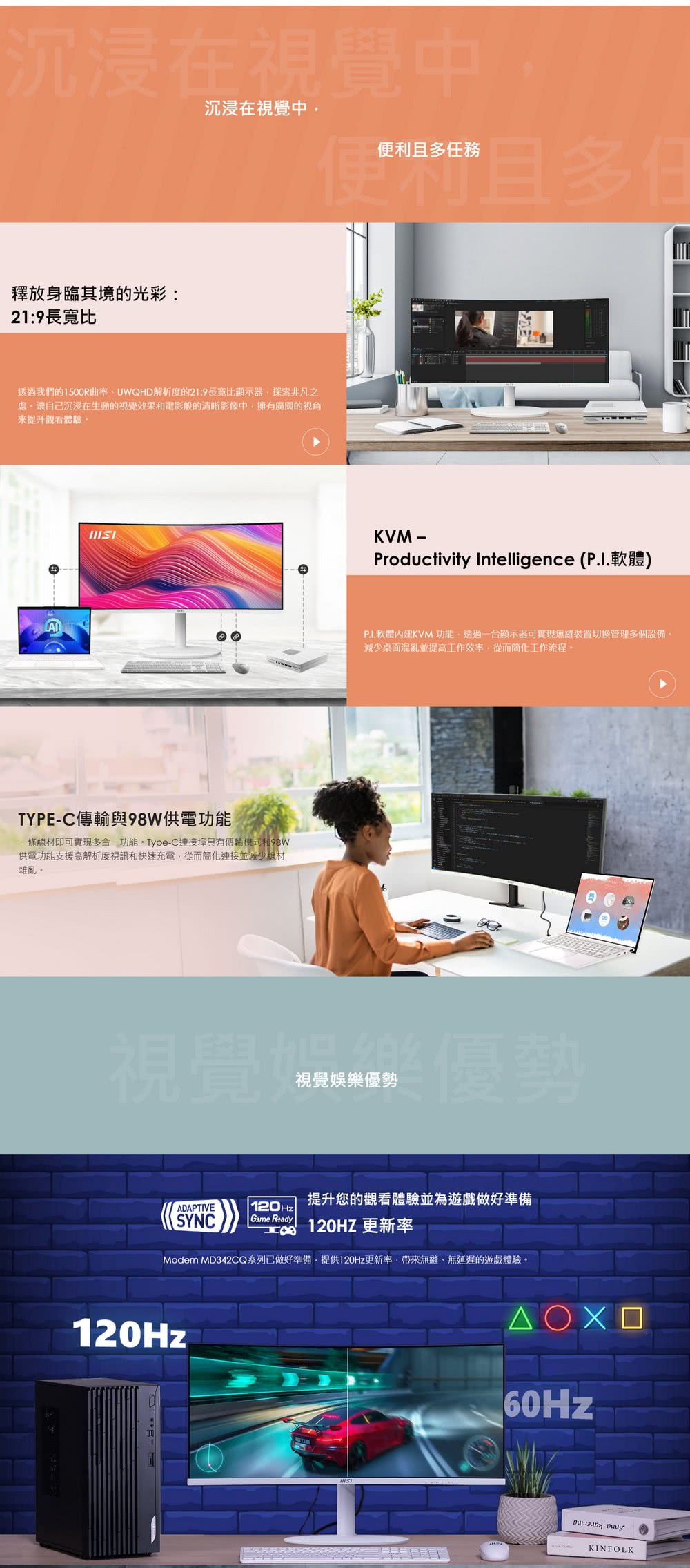 MSI 微星 Modern 白色美型護眼120Hz 34吋曲面顯示器 MD342CQPW