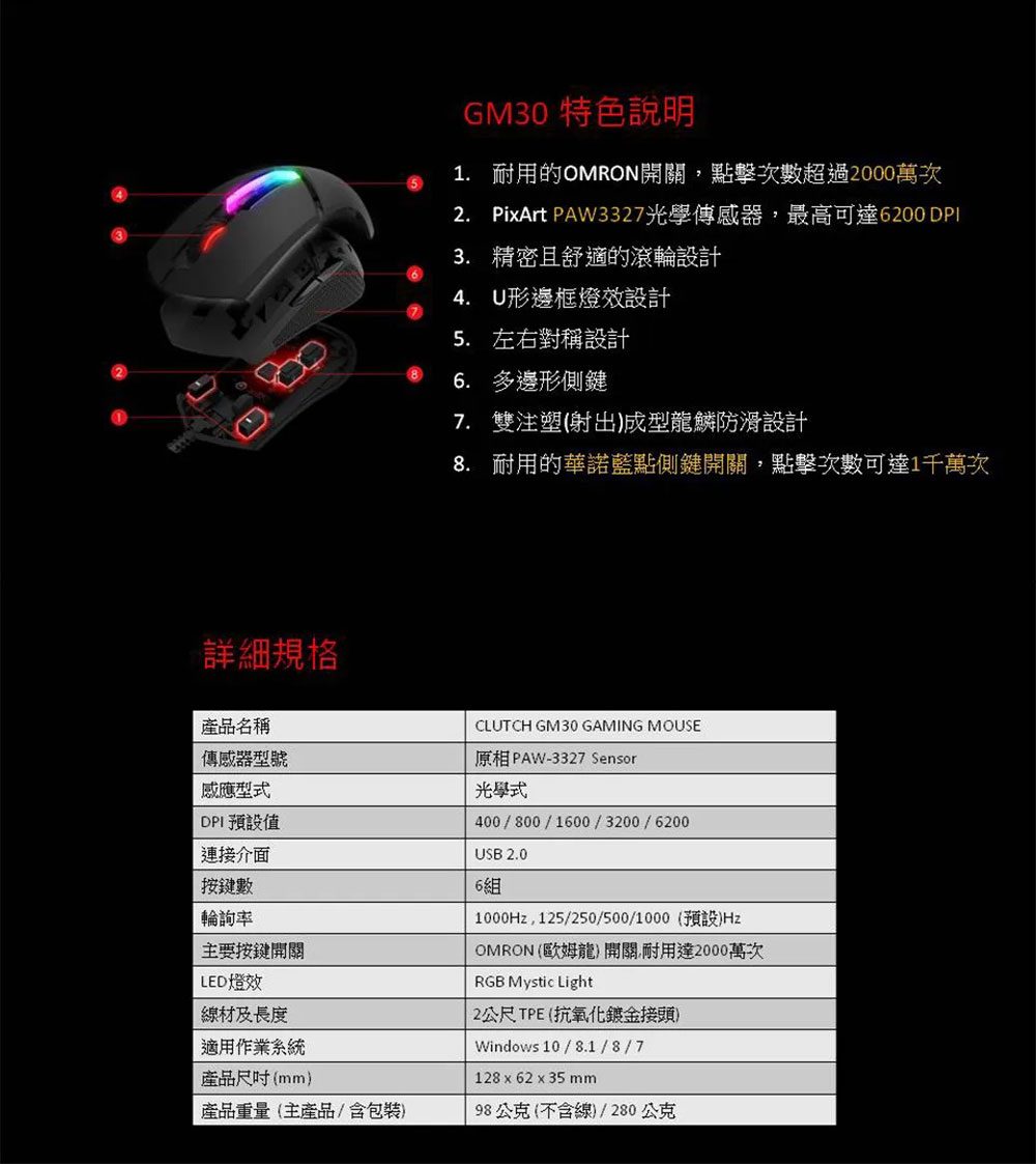 MSI 微星 CLUTCH GM30 RGB 炫彩電競滑鼠