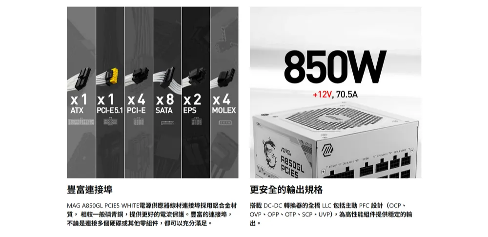 MSI 微星 MAG A850GL PCIE5 WHITE 金牌  白電源供應器