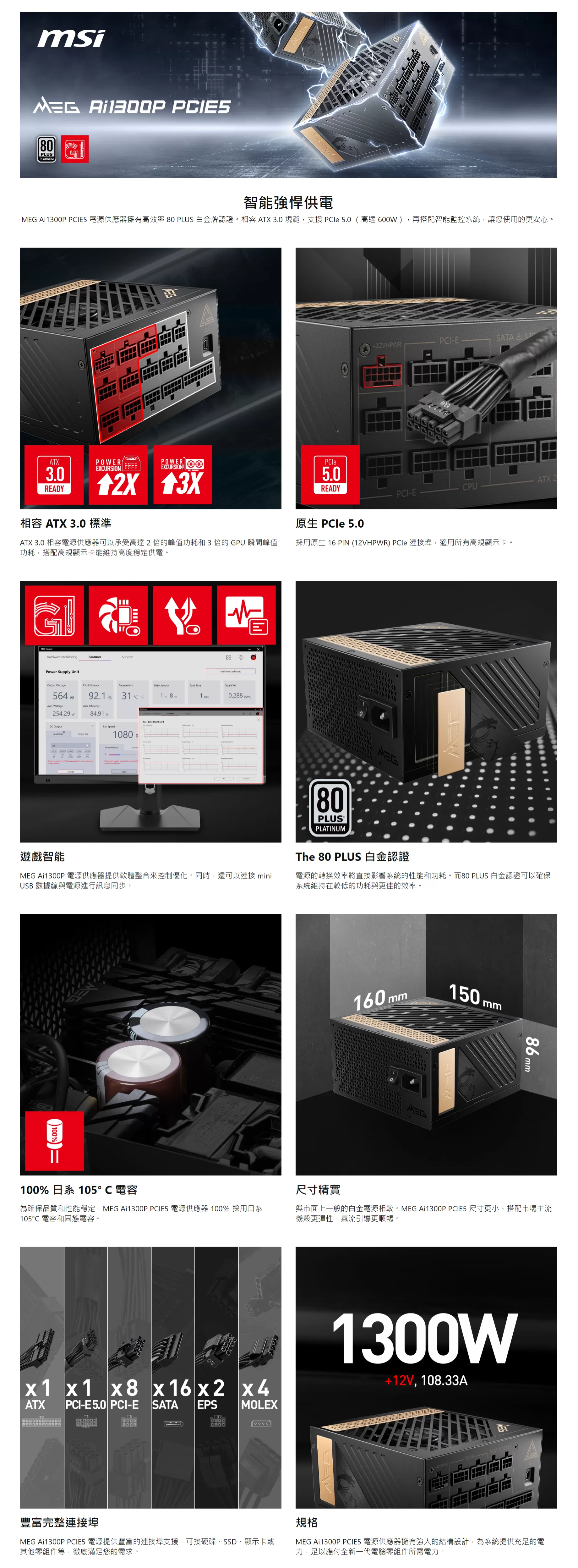 微星 MSI MEG Ai1300P PCIE5 白金牌 電源供應器
