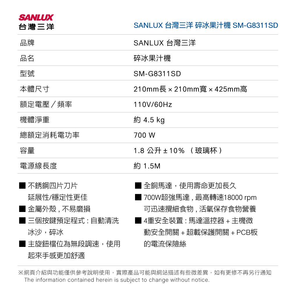 SANLUX 台灣三洋 碎冰果汁機 SM-G8311SD