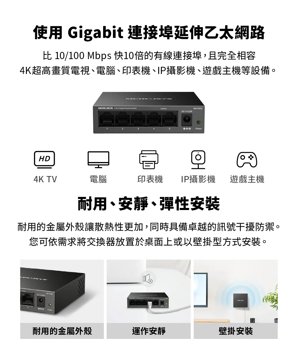 Mercusys 水星 MS105GS 5 埠 Gigabit 桌上型交換器