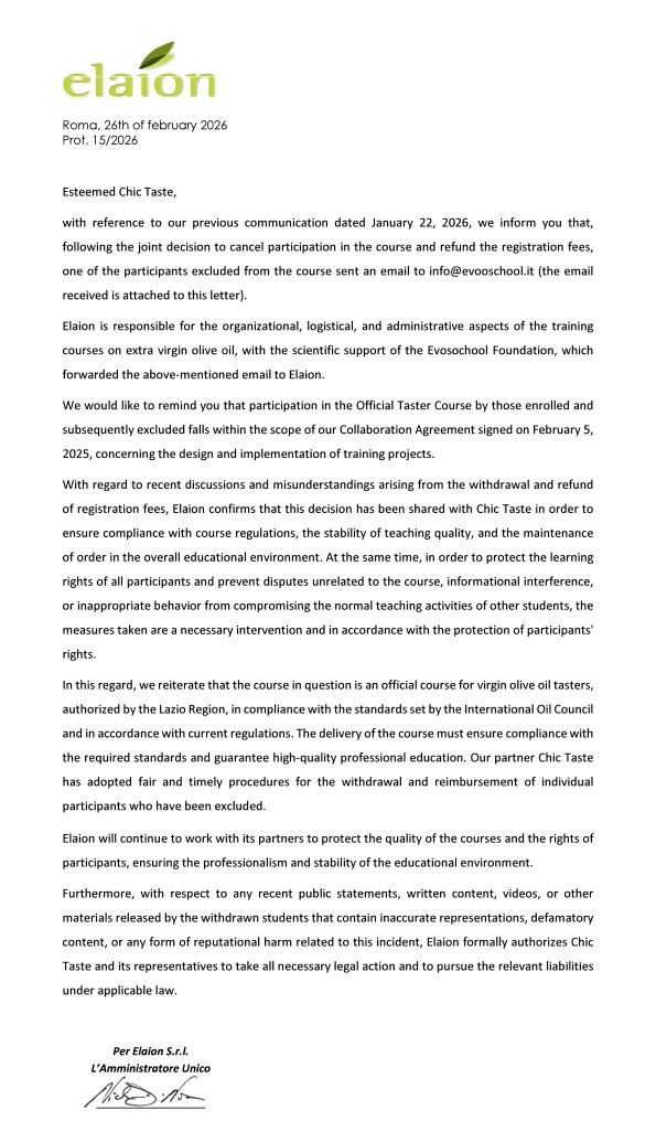 品油師課程方 橄欖油教育基金會 關於退訓學員事件公告聲明與事證
