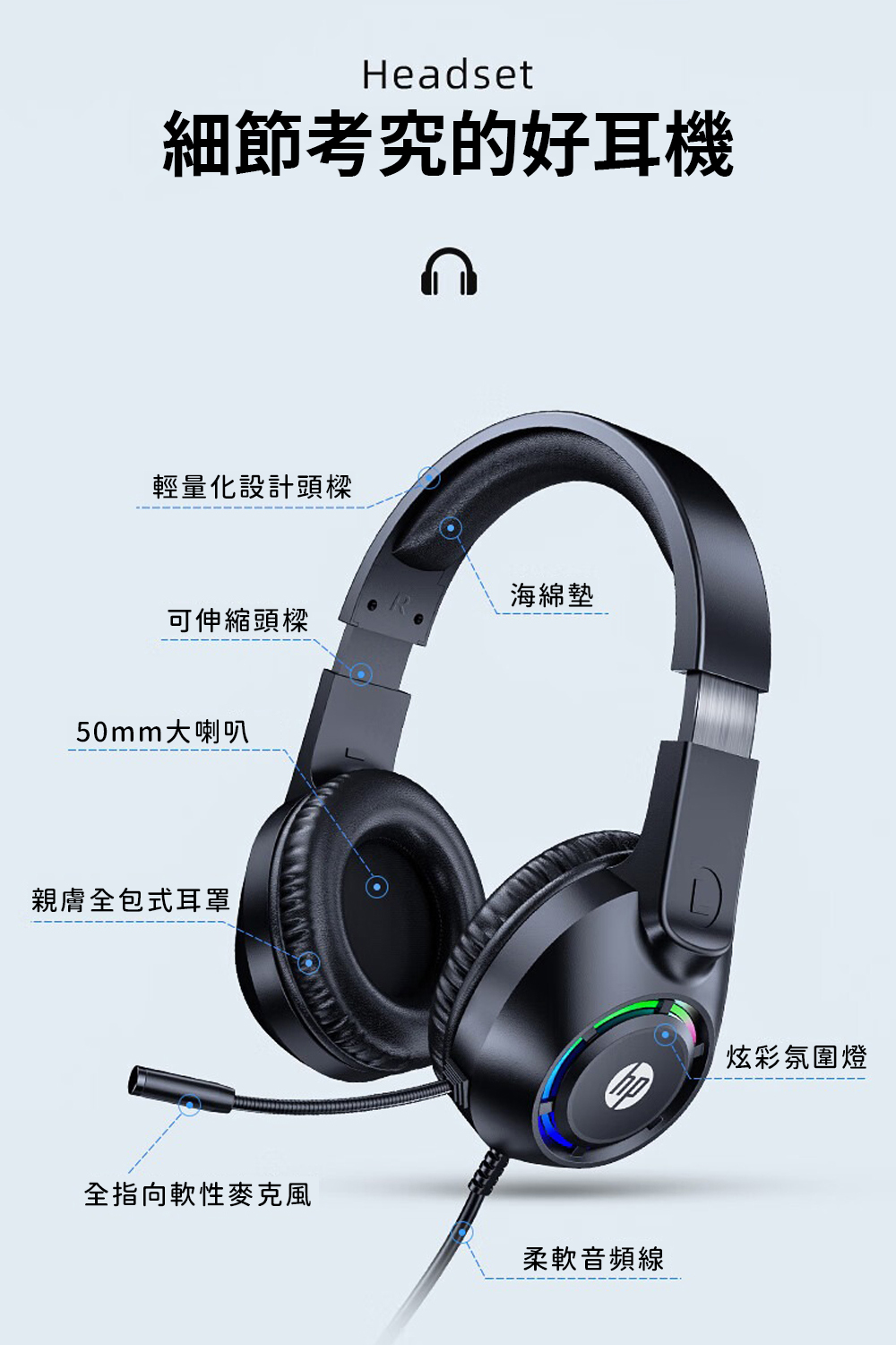 HP 惠普 DHE-8013U 有線 頭戴式 7.1聲道 炫光電競耳機(USB接頭)