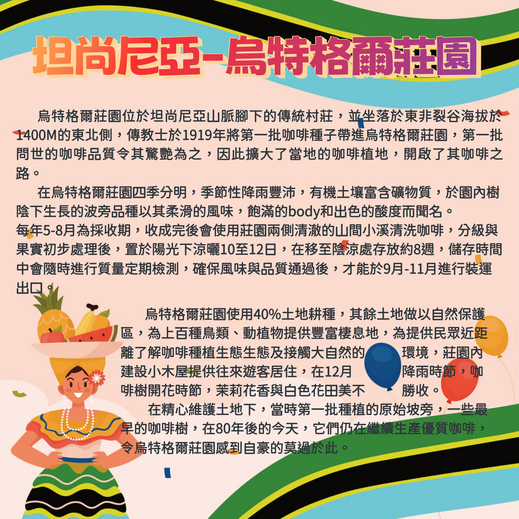 坦尚尼亞-烏特格爾莊園250克,B0037,坦尚尼亞-烏特格爾莊園250克,堅果香氣,水洗,淺中焙
