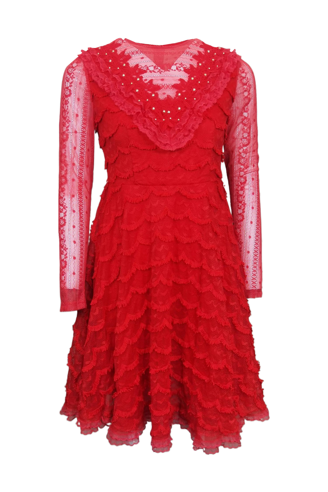 紅色蕾絲層次感短洋裝