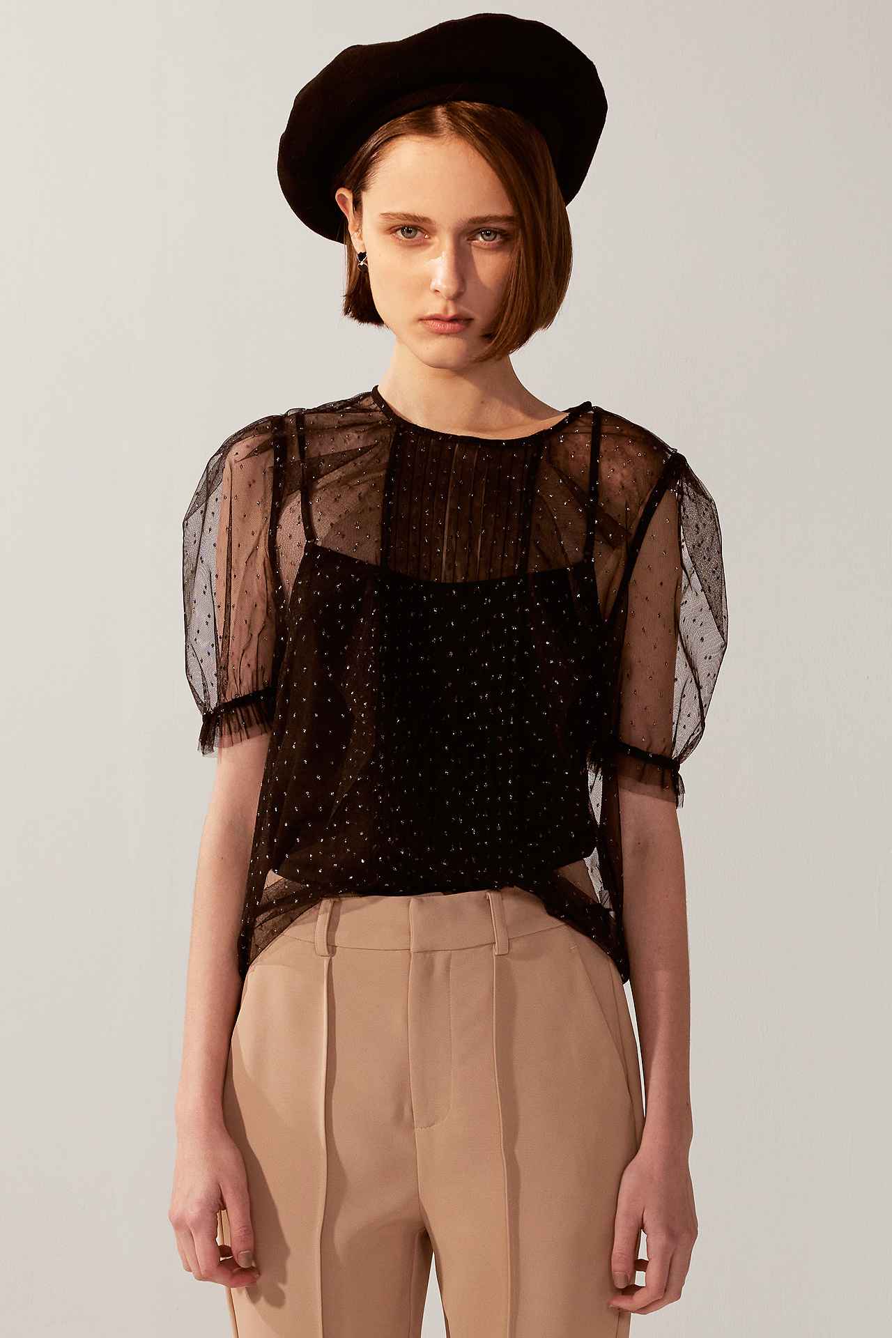 時髦銀蔥網紗短袖上衣(附內搭)