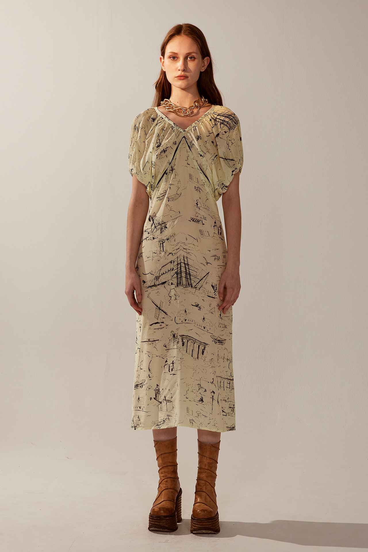 法式建築印花V領立體黑線洋裝(附內搭＆腰帶)