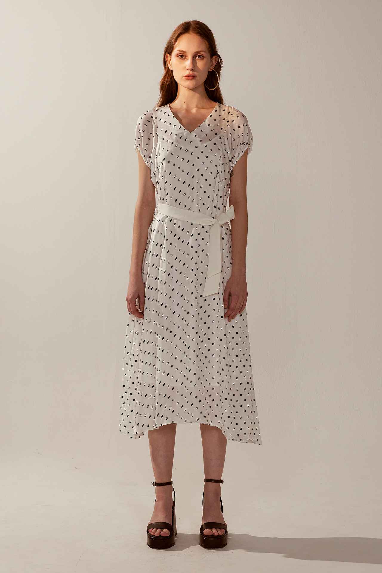 法式方塊印花洋裝(附素色綁帶)