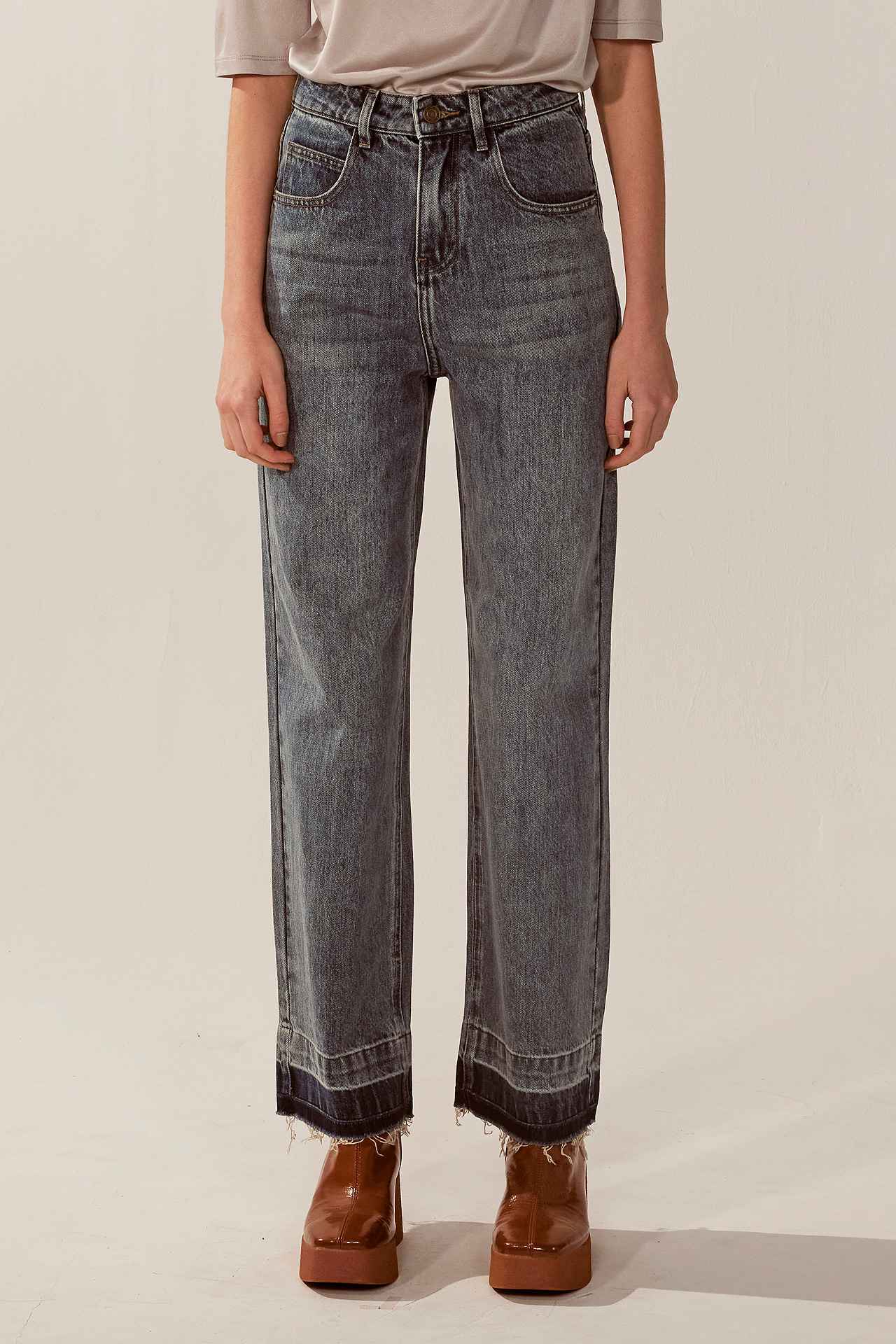 高腰反折牛仔寬褲