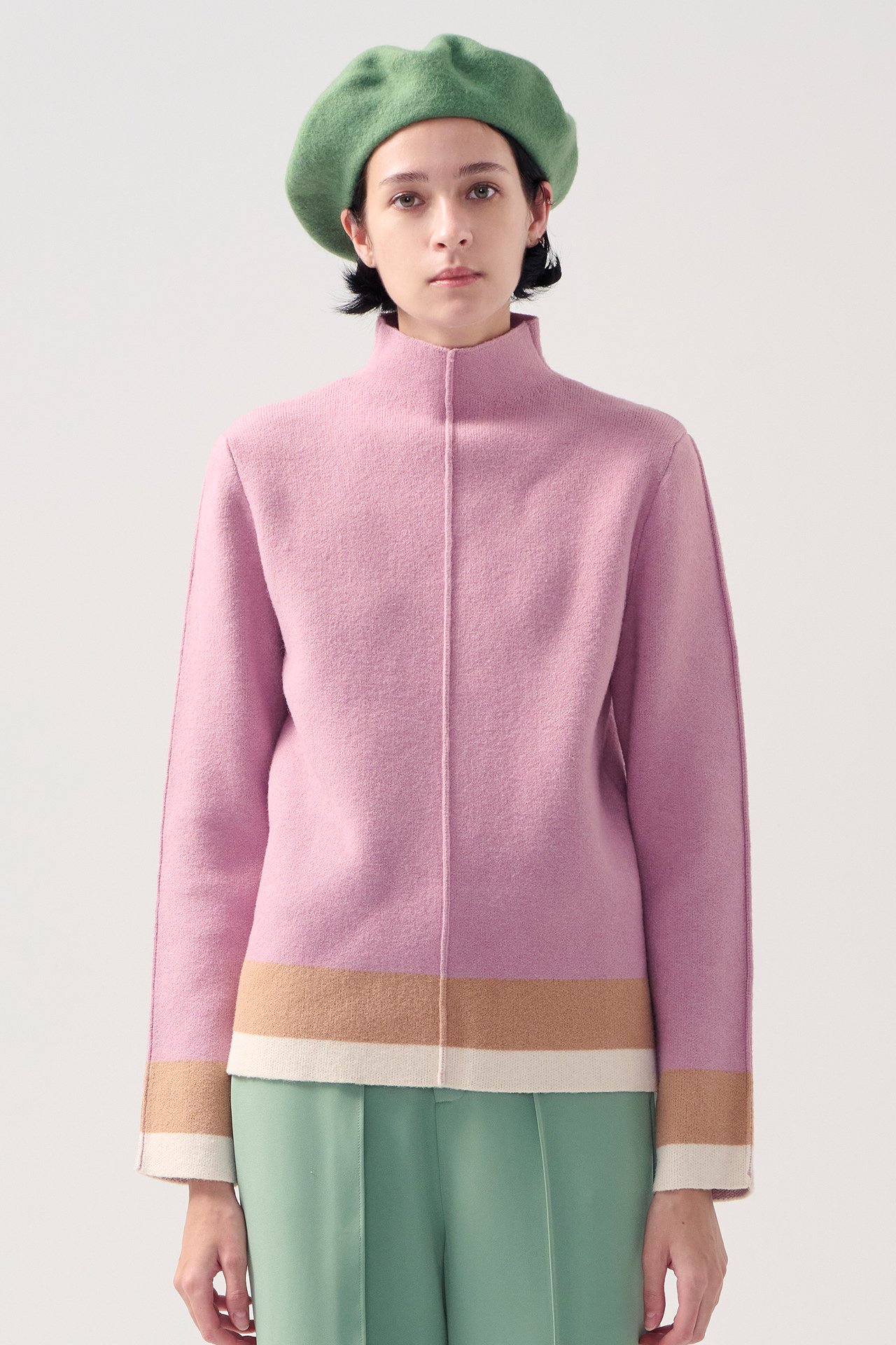 高領下擺撞色毛衣