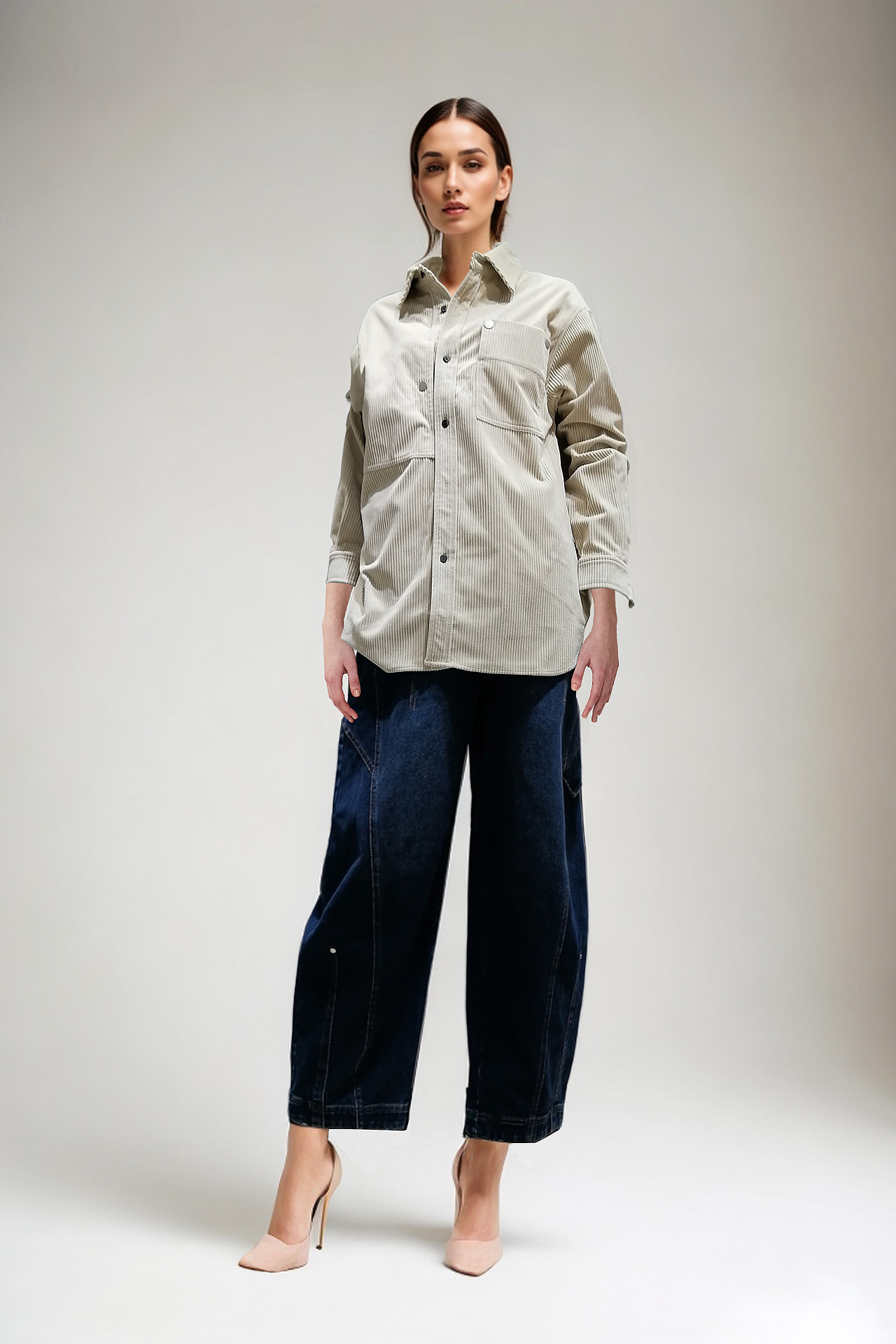 淺卡其拼接燈芯絨襯衣